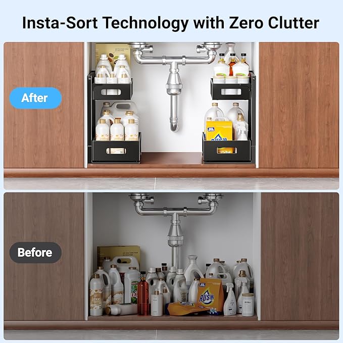 Under Sink Organizer, Metal Under Sink Organizers and Storage, Slide Out Pull Out Cabinet Organizer for Kitchen, Bathroom, Pantry, Laundry, Study, Black