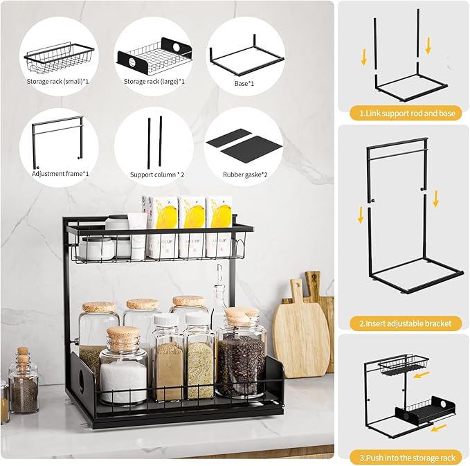 2 Pack Under Sink Organizers, Height Adjustable Under Sink Organizers And Storage, 2 Tier Pull Out Drawer Sturdy Metal Cabinet Organizer For Kitchen Bathroom Pantry