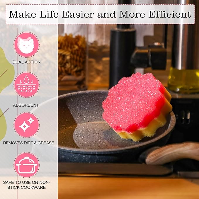 3 Pcs Dual Sided Scrub Sponge Multi Functional Cute Temperature Sensitive Non Scratch Dish Sponge for Washing Dishes Kitchen Bathroom(Flower)