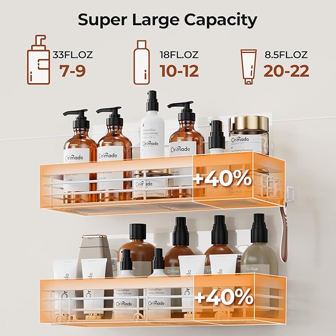 Orimade Shower Caddy with 5 Hooks for Hanging Razor and Sponge Adhesive Shower Shelf Basket Bathroom Storage Organizer Kitchen Rack No Drilling Stainless Steel Rustproof - 2 Pack,White