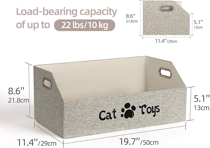 Cat Toy Basket, Kitten Toys Storage Organizer Foldable Fabric Bin Pet Supplies Chest Holder Trapezoid Container with Metal Handles for Organizing Cats Clothes Accessories, Beige