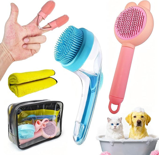 Dog Bath Brush 5 in 1 Grooming Kit - with Detachable Shampoo Dispenser & Dental Finger Cots, Gentle Pet Wash Tool for Dogs Puppies Cats, No-Slip Grip (Blue, Pink, Black)