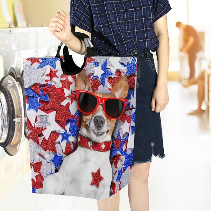visesunny American Patriotic Dog Blue Red White Star Animal Large Laundry Hamper with Handle Toys and Clothing Organization for Bathroom, Bedroom, Home, Dorm, Travel
