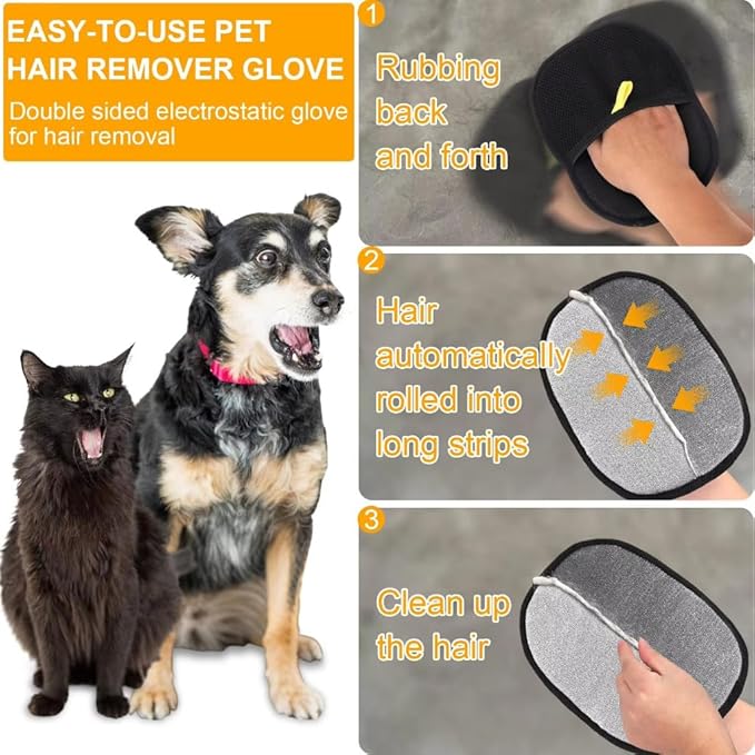 Pet Hair Remover Gloves for Dogs & Cats | Reusable Electrostatic Grooming Glove for Removing Pet Hair | Comfortable, Double-Sided, and Durable for Furniture, Clothes, Carpets & Cars