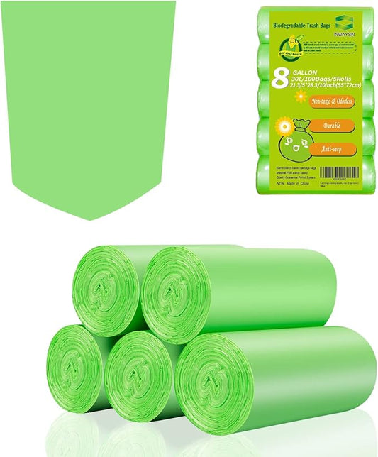 Inwaysin Medium Compostable Trash Bags - 8 Gallon, 30L (Clear Green, 20 Count Pack of 5) - Budget-Friendly Replacement for Simple Human H/J/G Trash Bags
