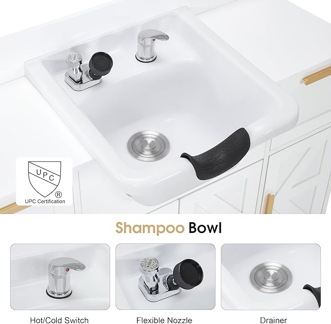 BarberPub Portable Shampoo Station, Shampoo Bowl with Cabinet & Drawer, Salon Geometric Finish Station with Sprayer Faucet, Barber Storage Equipment with Hair Wash Backwash Sink 3439 (All White)