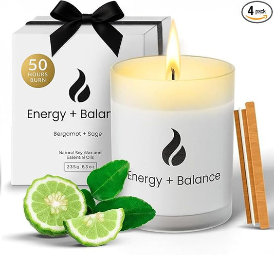 Natur IX Cleansing Scented Candles for Home | Sage & Palo Santo | Natural Non Toxic Soy Candles with Essential Oils | 50 H Long Burning | (Energy + Balance | Bergamot & Sage)