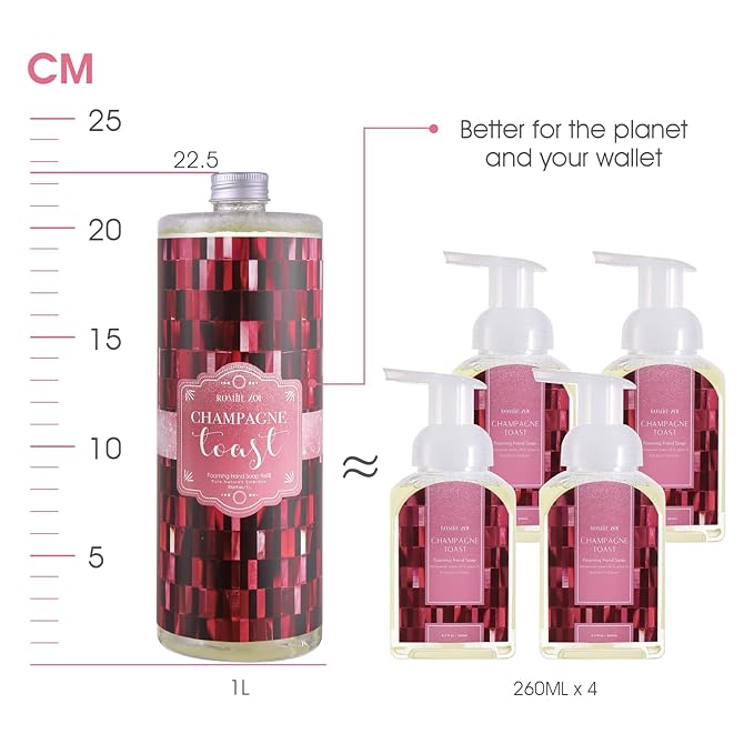 ROMIIE ZOI Foaming Hand Soap Refill Gift Set – Champagne Scent – 3 Pack (1000ML Each) with Dispenser – Gentle & Moisturizing Cruetly Free Formula – Bulk Refill Bottles for Bathroom & Kitchen Use