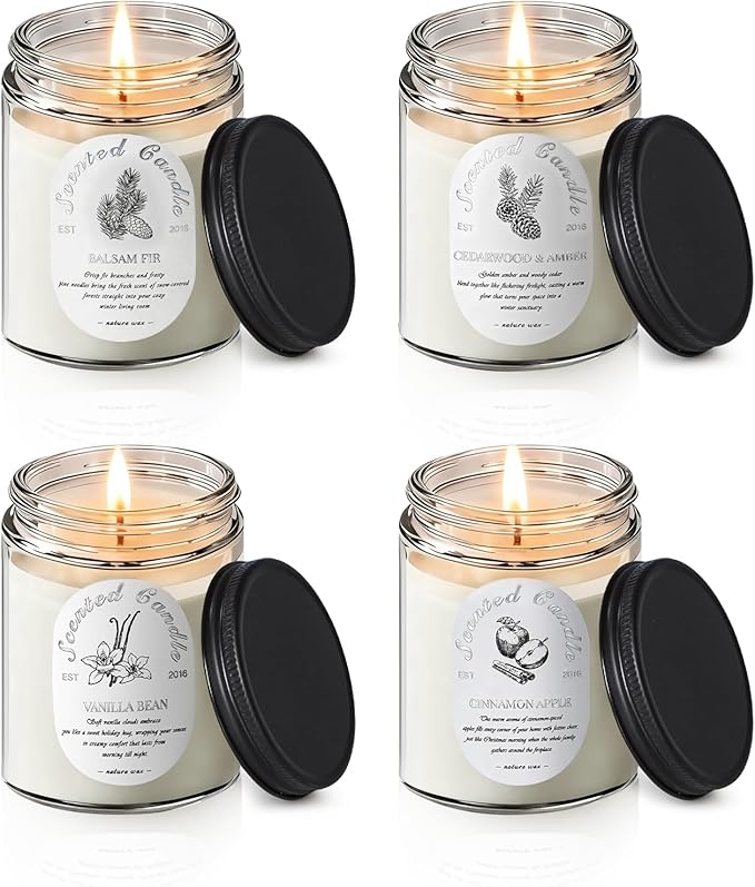 Winter Candle Gift Set, 4 Pack 28oz Soy Wax Scented Candles for Home – Cinnamon Apple, Balsam Fir, Vanilla Bean, Cedarwood & Amber – Cozy Aromatherapy Candles for Christmas, Holiday & Home Decor Gifts