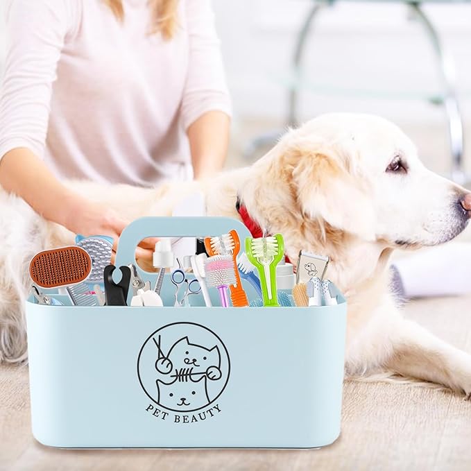 Dog Storage Organizer for Grooming Supplies,Portable Caddy Organizer for Pet Stuff,Divided Storage Bin for Dog Cat Grooming Kit,Dog Stuff Organizer with Handle for Shampoo,Clipper,Comb-Blue
