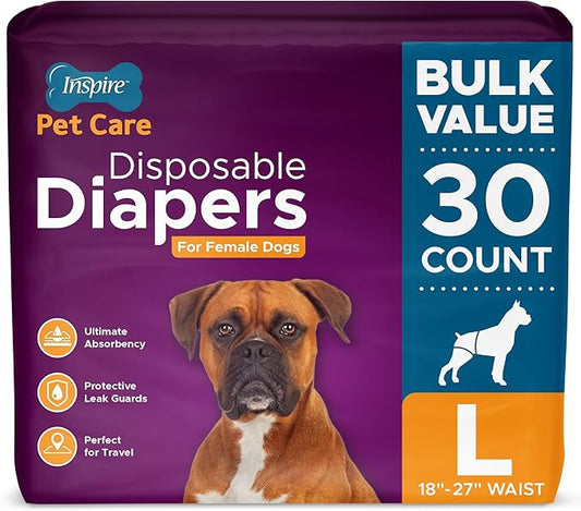 Inspire Pet Care Dog Diapers Female Dogs | Bulk Value Doggie Incontinence, Accidents, for Heat, Pee or Period and Housebreaking (Large (30 Count))