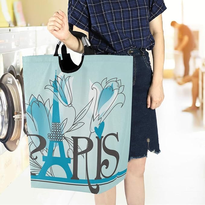 visesunny Paris Letters Blue Pattern Large Laundry Hamper with Handle Foldable Durable Clothes Hamper Laundry Bag Toy Bin for Bathroom, Bedroom, Dorm, Travel