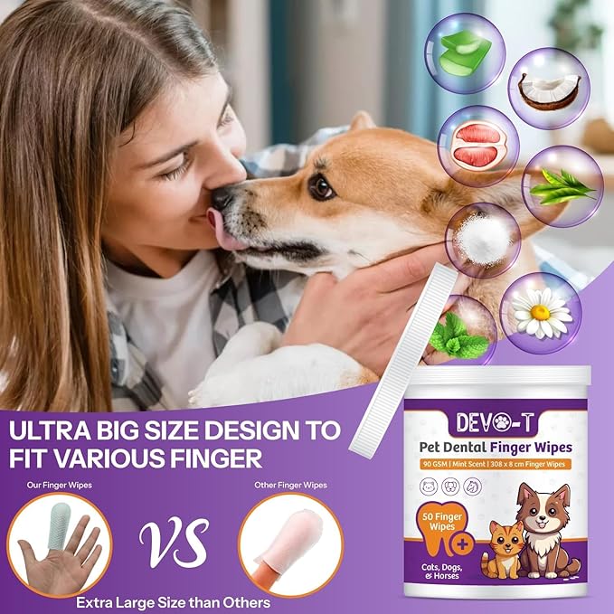 DEVO-T 100% Natural Dog Teeth Cleaning Wipes Mint Scented | 50 Count | Pet Teeth Cleaning Finger Wipes for Dogs, Cats & Horses | Remove Bad Breath, Plaque & Tartar Buildup | Dog Dental Wipes Finger