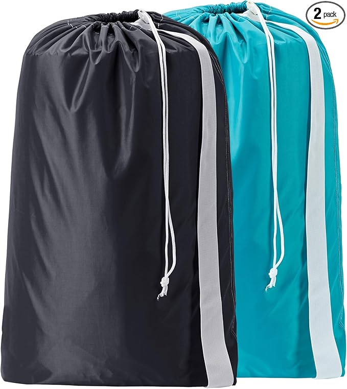 HOMEST 2 Pack XL Nylon Laundry Bag with Strap, Large Dirty Clothes Organizer, Easy Fit a Laundry Hamper or Basket, Can Carry Up to 4 Loads of Laundry, Black and Sky Blue
