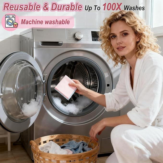 JINGYAN 50-Pack Microfiber Cleaning Cloth Roll, Pink Reusable Washable Tear Away Towels for Home, Car, Kitchen, Glass, Pets & Garage - 25x25cm