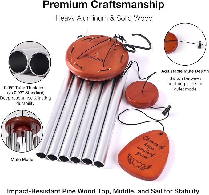 Inspirational Wind Chimes for Outside – Deep Tone Chimes with Wooden Sail | Outdoor Hanging Decor for Patio & Garden | Unique Designs, Healing Gift of Peace & Comfort (Silver, 32 Inch)
