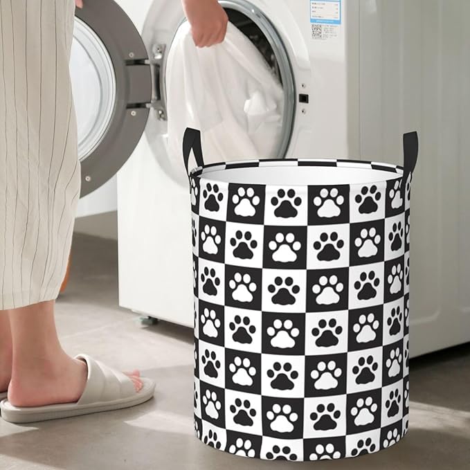 Black And White Dog Paws Laundry Hamper Bag With Waterproof Liner - Checkered Round Laundry Basket Foldable Clothes Storage Organizer For Bathroom Bedroom Nursery Dorm, S-16.5"X 13.8"