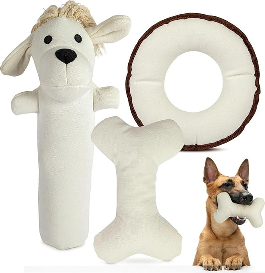 3pc Sustainable Eco-Friendly Durable Cotton Canvas Squeaky Dog Toy Set for Tough Chewers – Harry The Hound, T-Bone & Donut The Round Disk, White (Safe for Pets & Kids)