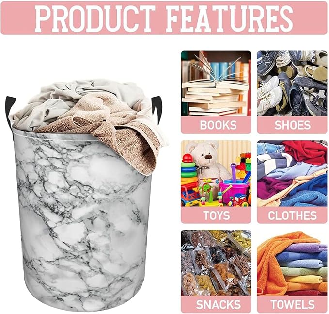 Black And White Marble Laundry Hamper Bag With Waterproof Liner - Round Laundry Basket Foldable Clothes Storage Organizer For Bathroom Bedroom Nursery Dorm, M-19.6"X 15.7"