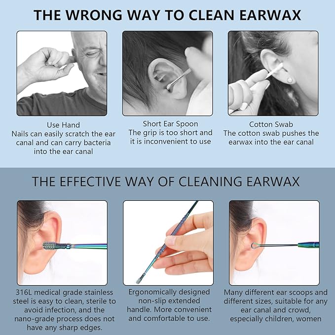 Hion 8 Pcs Ear Wax Removal Kit,Professional Double-Headed Ear Pick Earwax Removal Tools,316L Stainless Steel Ear Cleaner Curette with Cleaning Brush and Storage Box,Suit for Kid Adult(Colorful)