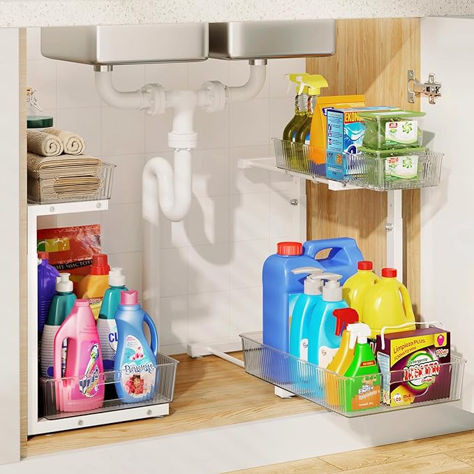 Under Sink Organizer, Under Sink Organizers and Storage with Adjustable Height and PET Basket, Pull Out Under Cabinet Organizer for Counter Kitchen, Vanity, Laundry, Pantry (2Packs, White)