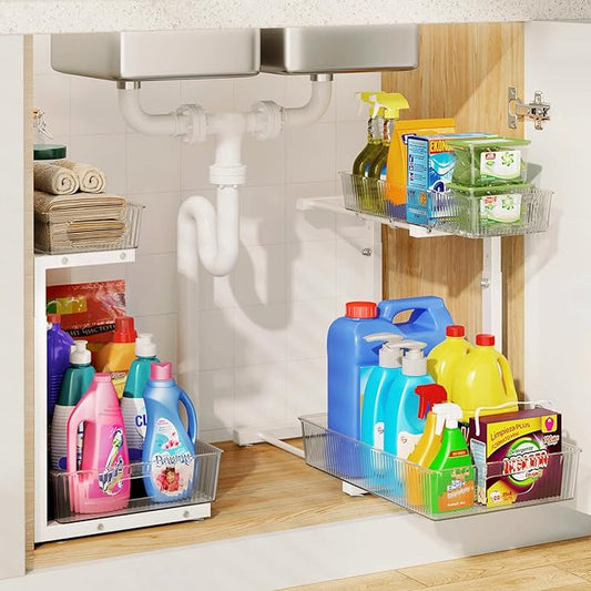Under Sink Organizer, Under Sink Organizers and Storage with Adjustable Height and PET Basket, Pull Out Under Cabinet Organizer for Counter Kitchen, Vanity, Laundry, Pantry (2Packs, White)