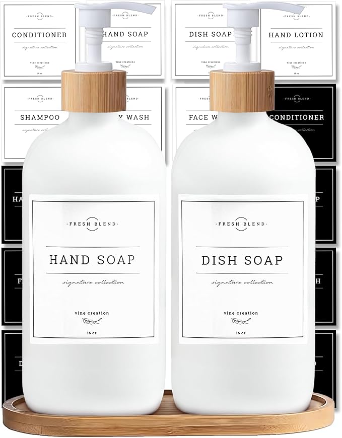 Vine Creations White Glass Soap Dispenser Set - Kitchen Soap Dispenser Set with Tray - Bamboo Dish Soap and Hand Soap Dispensers Set for Bathroom - White Kitchen Decor with Waterproof Labels