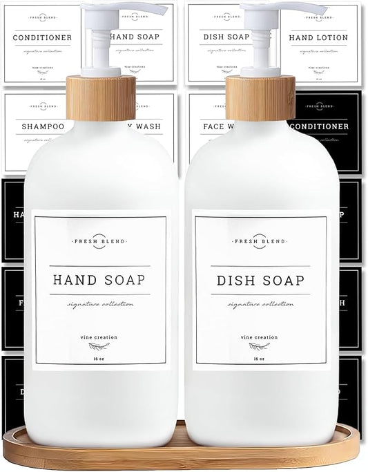 Vine Creations White Glass Soap Dispenser Set - Kitchen Soap Dispenser Set with Tray - Bamboo Dish Soap and Hand Soap Dispensers Set for Bathroom - White Kitchen Decor with Waterproof Labels