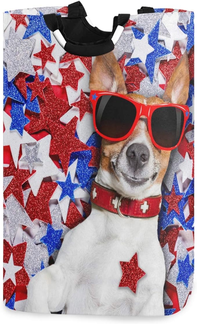 visesunny American Patriotic Dog Blue Red White Star Animal Large Laundry Hamper with Handle Toys and Clothing Organization for Bathroom, Bedroom, Home, Dorm, Travel