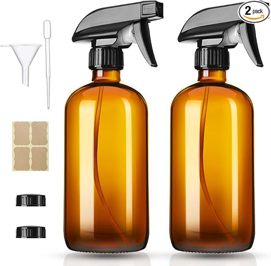 Vitreaux 2 Pack Amber Glass Spray Bottles,16oz Glass Spray Bottles Refillable Empty Containers with Adjustable Nozzle,Spray Bottle for Cleaning,Pets, Aromatherapy,Hair Mister,Squirt and Mist Setting
