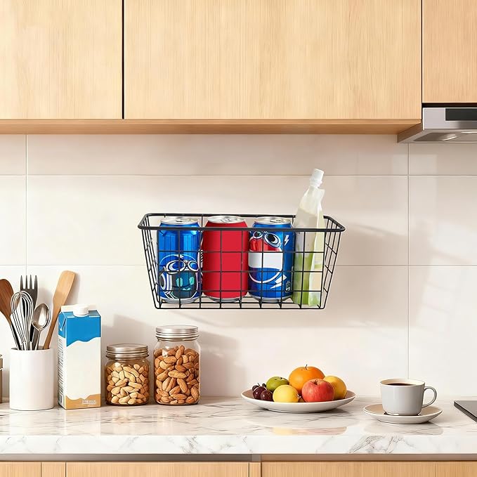 3 Set LeleCAT Adhesive Over the Cabinet Door Wire Baskets for Organizing for Kitchen Food Pantry Bathroom Shelf Storage No Drilling Wall Mounted,Black