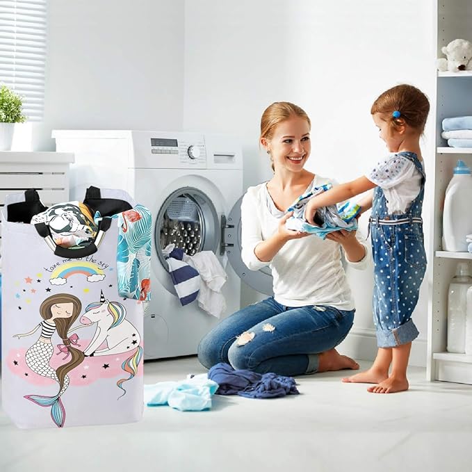 visesunny Unicon Mermaid Rainbow Large Laundry Bag Collapsible Oxford Fabric Laundry Hamper Foldable Portable Dirty Clothes Laundry Basket with Handles Waterproof Washing Bin Laundry Tote Bag