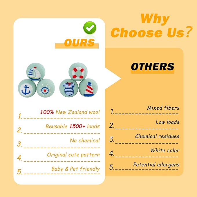 Wool Dryer Balls XL Size 6 Pack - Fun Dryer Balls with Ocean Pattern Cute Dryer Balls Laundry Reusable Anti Static Handmade New Zealand Wool Balls (Nautical Pattern)