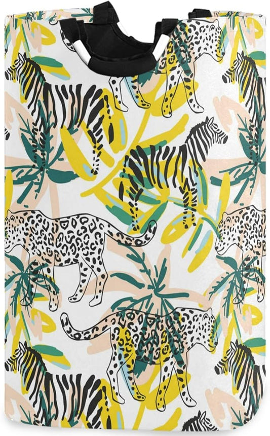 visesunny Collapsible Laundry Basket Tropical Leopard Zebra Animal Large Laundry Hamper with Handle Toys and Clothing Organization for Bathroom, Bedroom, Home, Dorm, Travel