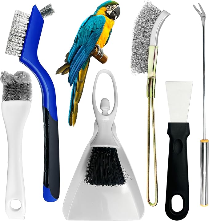 Upgrade 6PCS Cage Cleaner Set,2-in-1 Stainless Steel Pet Cage Brush,Bird Poop Remover,Scraper Tool with Long Handle,Small Animals House Cleaning Accessories,Mini Dustpan and Broom Set (6PCS)