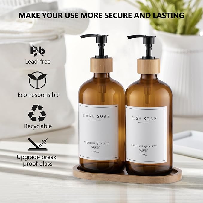 Amber Glass Soap Dispenser - Dish Hand Soap Dispenser for Kitchen Set, Soap Lotion Dispenser Bathroom with Sturdy Pump and Tray, 14 Waterproof Labels,Refillable Dispenser-Amber