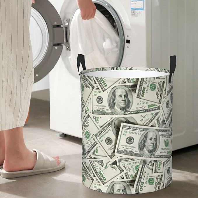 Funny Hundred Dollars Money Bills Laundry Hamper Bag With Waterproof Liner - Round Laundry Basket Foldable Clothes Storage Organizer For Bathroom Bedroom Nursery Dorm, M-19.6"X 15.7"