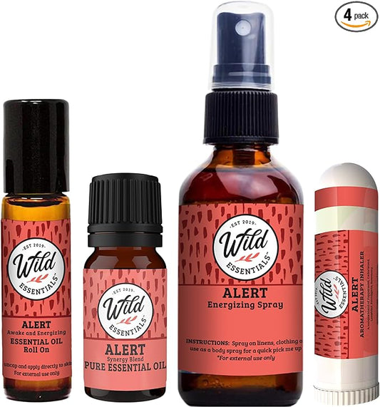Wild Essentials Alert Essential Oil Blend 4-Piece Bundle –Energy, Focus & Mental Clarity with Roll-On, Spray, Nasal Inhaler & Pure Oil Diffuser Set– USA Made
