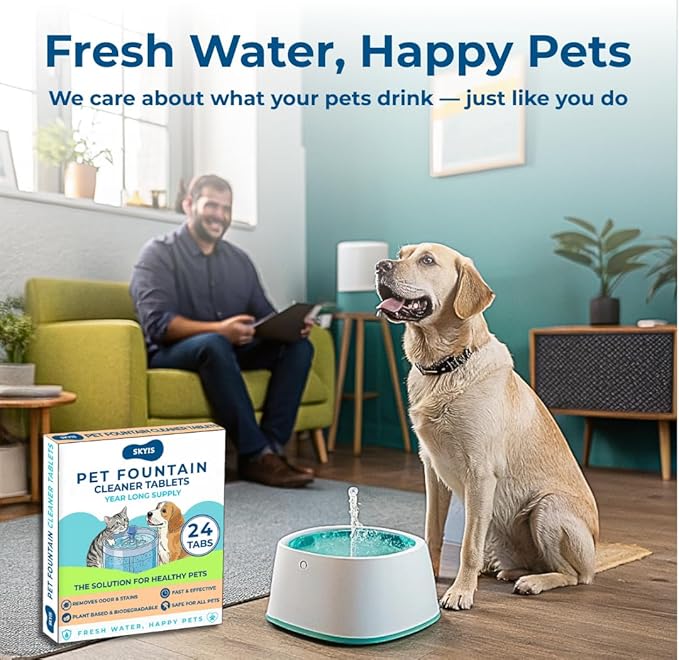 24 Pack Pet Fountain Cleaning Tablets, Removes Stains & Mineral Residue from Pet Fountains, Helps Maintain Water Flow & Pet Fountain Pump, Easy Drop-In Formula