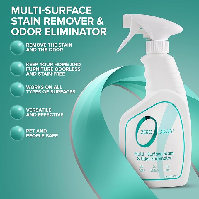 Zero Odor – Multi-Surface Stain Remover & Odor Eliminator - Remove Stains and Odor Patented Molecular Technology Best for Carpet, Rug, Linens, Furniture, Floors, 16oz
