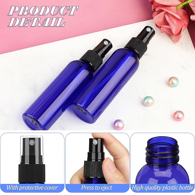 100 Pack 2 Oz Plastic Mini Spray Bottles with Refillable Mist Sprayer for Travel and Household Use for Perfume Essential Oils Cleaning(Blue)