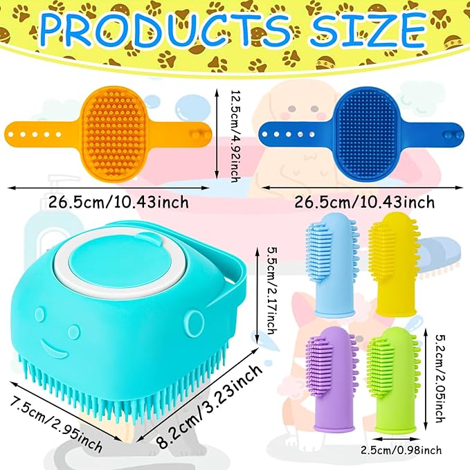 Ponpon 3PCS Dog Bath Brush with 4Pcs Toothbrush, Scrubber and Shampoo Brush with Adjustable Ring Handle, Shower Brush for Long and Short Hair