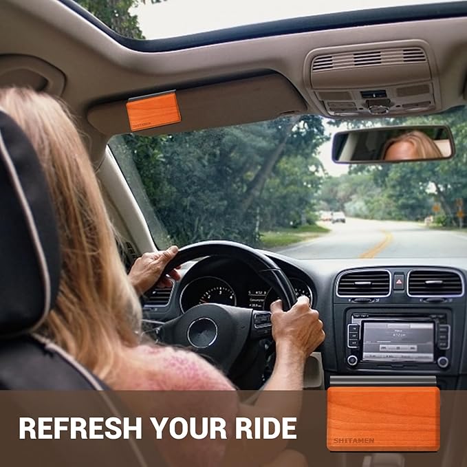 Car Air Freshener, Wood Air Freshener, Car Odor Eliminator for Visor Clip, Variety Scent Refill, Long Lasting - CLIP INCLUDED (Amber-Open Air-Teak)