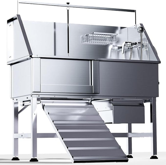 46" Dog Washing Station, Professional Stainless Steel Dog Bathtub w/Ramp & Storage Drawer, Adjustable Grate, Non-Slip Design, Home Grooming & Large Dogs (Left Ramp)