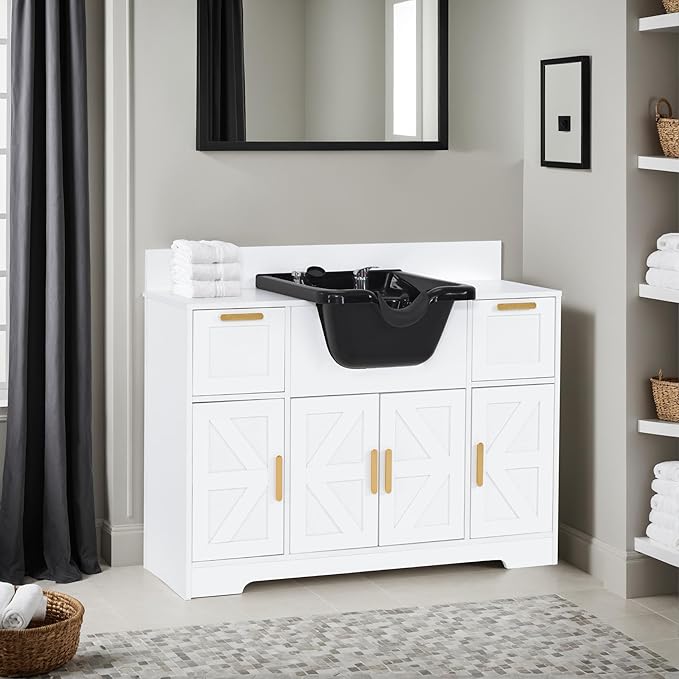 BarberPub Portable Shampoo Station, Shampoo Bowl with Cabinet & Drawer, Salon Geometric Finish Station with Sprayer Faucet, Barber Storage Equipment with Hair Wash Backwash Sink 3439 (White & Black)