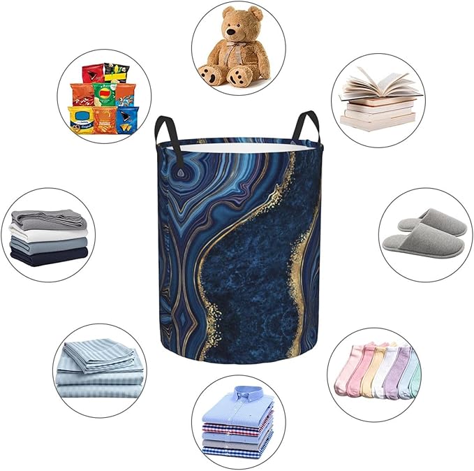 Blue Marble Print Laundry Hamper Bag With Waterproof Liner - Round Laundry Basket Foldable Clothes Storage Organizer For Bathroom Bedroom Nursery Dorm, M-19.6"X 15.7"