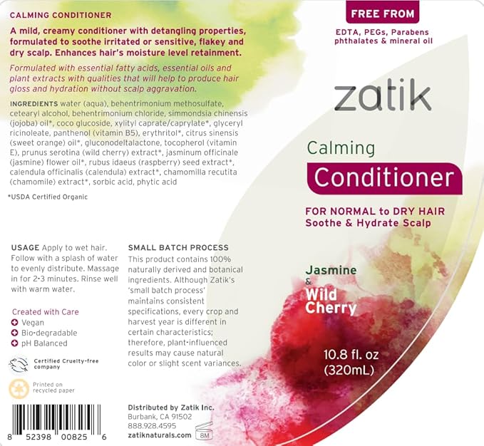 Zatik Naturals - Calming Shampoo + Conditioner Set, with Jasmine and Wild Cherry for Dandruff - Vegan Biodegradable, pH Balanced, FREE FROM EDTA, PEG, Paraben, phthalates, 10.8 oz (One each)