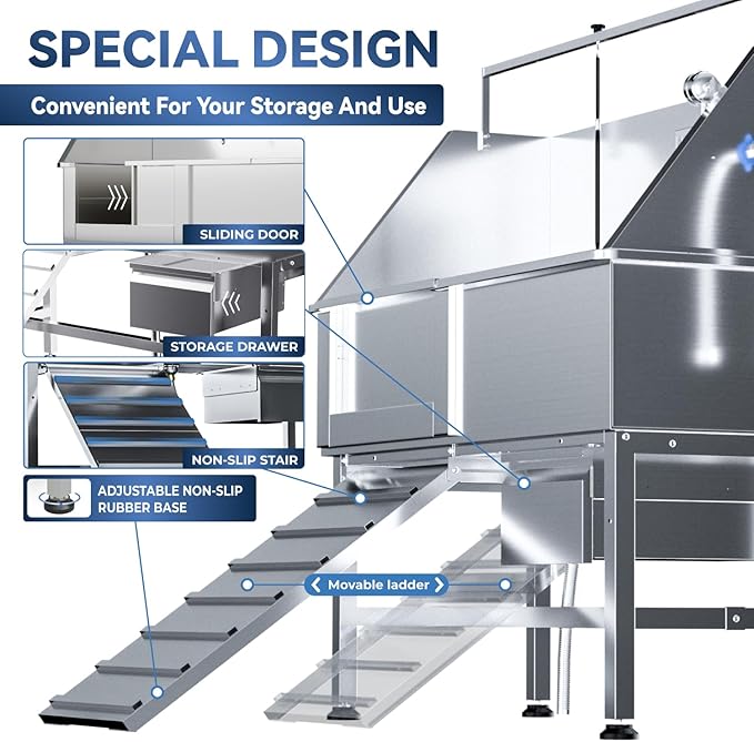 46" Dog Washing Station, Professional Stainless Steel Dog Bathtub w/Ramp & Storage Drawer, Adjustable Grate, Non-Slip Design, Home Grooming & Large Dogs (Left Ramp)