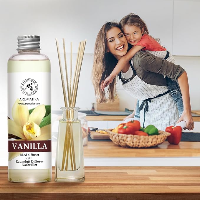 Vanilla Diffuser Refill w/Natural Essential Vanilla Oil 6.8 Fl Oz - Intensive - Fresh & Long Lasting Fragrance - Reed Diffuser Oil Refill Vanilla - for Aromatherapy - SPA - Home - Office - Fitness