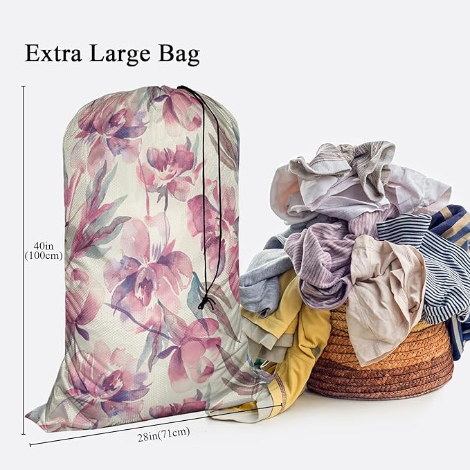 Swono Watercolor Floral Extra Large Laundry Bag with Drawstring Closure 28"x40", Leaf Plant Botanical Petal Bud Ink Flowers for Home, Dorm and Apartment Dwellers, Oxford Cloth, Pink